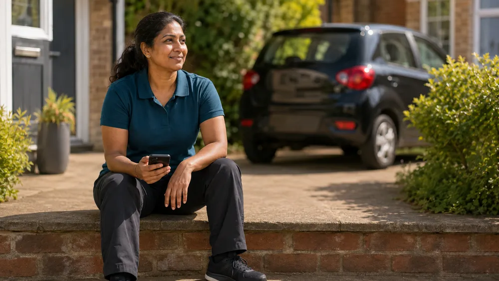 Mobile professional outside a customer home between appointments